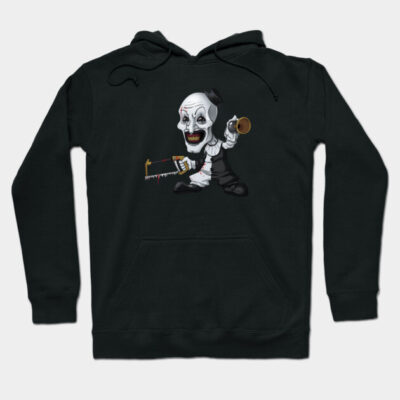 Black hoodie with horror-themed graphic, featuring a cartoon skull character holding a saw and horn, cotton material.