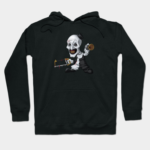 Black hoodie with horror-themed graphic, featuring a cartoon skull character holding a saw and horn, cotton material.