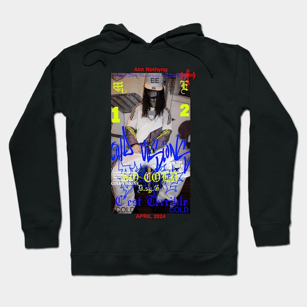 Black graphic hoodie with colorful abstract design, featuring text and images, comfortable cotton blend for casual wear.