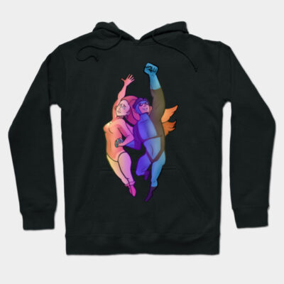 Black hoodie with colorful superhero design, featuring dynamic poses. Perfect for casual wear and showcasing style.