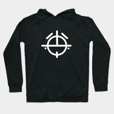Black hoodie with white geometric design, casual style, cotton material, ideal for everyday wear and comfort.