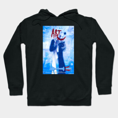 Black graphic hoodie with abstract art print, featuring red text and smiley face. Casual wear, cotton blend material.