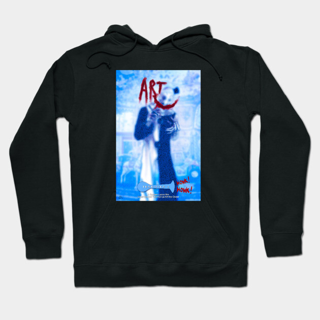 Black graphic hoodie with abstract art print, featuring red text and smiley face. Casual wear, cotton blend material.