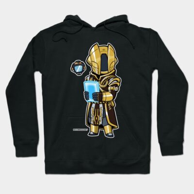 Black hoodie featuring a gold armored character design, ideal for casual wear, made of soft cotton blend.