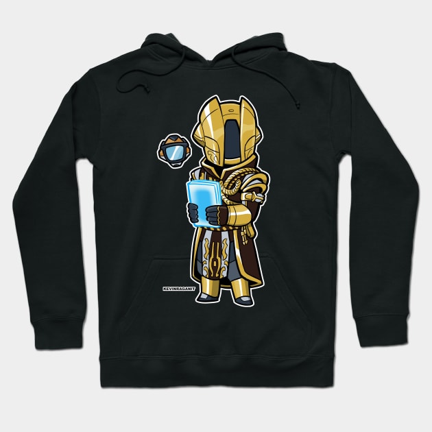 Black hoodie featuring a gold armored character design, ideal for casual wear, made of soft cotton blend.