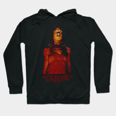 Black hoodie with horror-themed graphic, featuring bold text. Ideal for casual wear and fans of thriller designs.