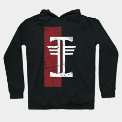 Black hoodie with red and white graphic design, casual style, cotton material, perfect for everyday wear.