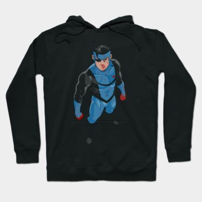 Black hoodie with superhero graphic, featuring blue and red accents. Ideal for casual wear. Cotton blend material.