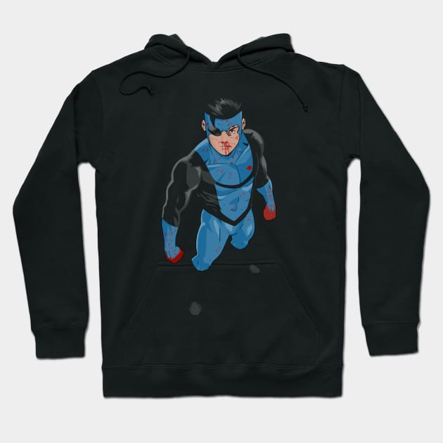 Black hoodie with superhero graphic, featuring blue and red accents. Ideal for casual wear. Cotton blend material.