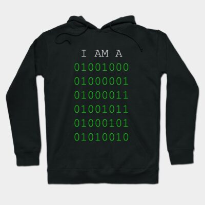 Black hoodie with green binary code design, unisex, casual style, cotton blend, perfect for tech enthusiasts.