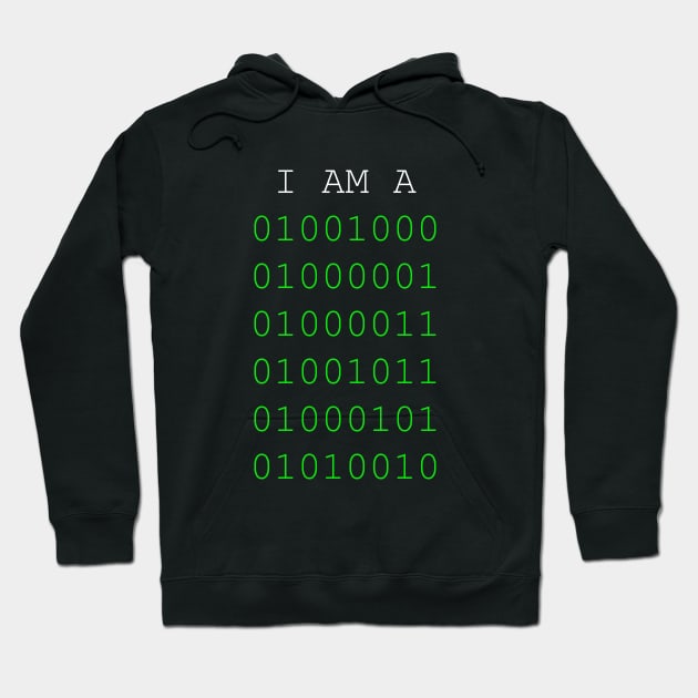 Black hoodie with green binary code design, unisex, casual style, cotton blend, perfect for tech enthusiasts.