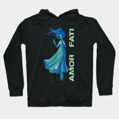 Black hoodie with blue artistic design and "Amor Fati" text, perfect for casual wear and comfort.