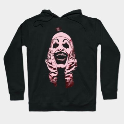 Black hoodie featuring a pink graphic design, cotton material, casual style, suitable for everyday wear.