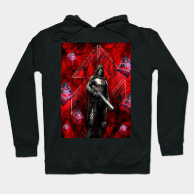 Black hoodie with a red graphic design featuring a futuristic soldier and geometric shapes, ideal for casual wear.