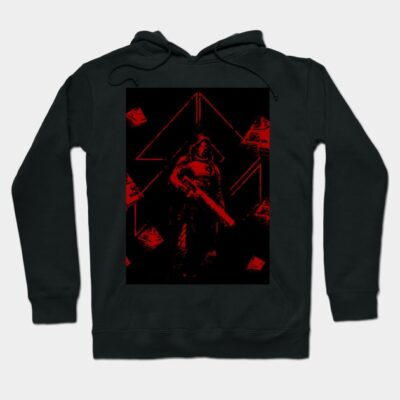 Black hoodie with red geometric and figure design, casual style, soft cotton, perfect for cool weather.