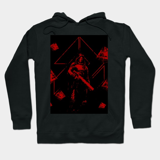 Black hoodie with red geometric and figure design, casual style, soft cotton, perfect for cool weather.
