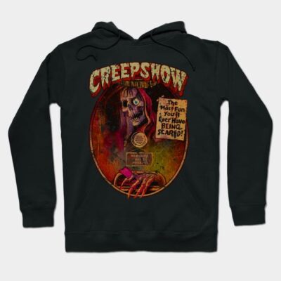 Black graphic hoodie featuring a vibrant horror-themed design, perfect for casual wear or Halloween events.
