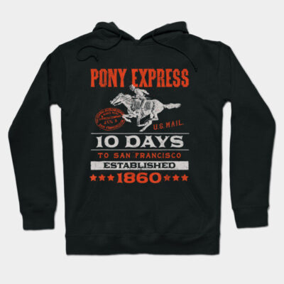 Black vintage-style hoodie with "Pony Express" graphic, ideal for casual wear, made from soft cotton blend.