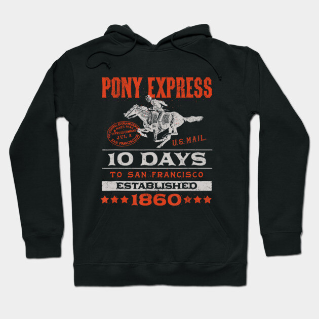 Black vintage-style hoodie with "Pony Express" graphic, ideal for casual wear, made from soft cotton blend.