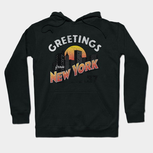 Black hoodie with "Greetings from New York" design, featuring a sunset cityscape, made of soft cotton blend for casual wear.