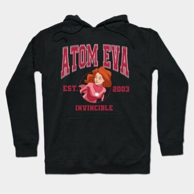 Black hoodie with "Atom Eva" graphic, red text, and superhero design. Casual wear, cotton blend, unisex.