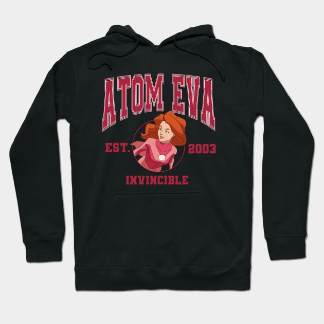 Black hoodie with "Atom Eva" graphic, red text, and superhero design. Casual wear, cotton blend, unisex.