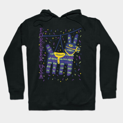Black hoodie with colorful piñata graphic, "Forever USA" text, cotton material, casual wear.