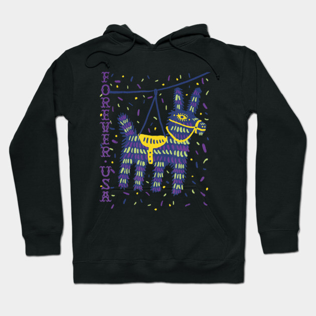 Black hoodie with colorful piñata graphic, "Forever USA" text, cotton material, casual wear.