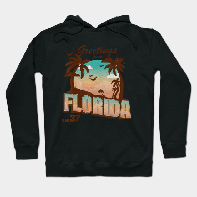 Black "Greetings from Florida" hoodie with palm tree sunset design, cozy cotton blend, casual wear.