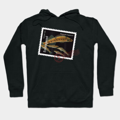 Black hoodie featuring endangered Roanoke logperch stamp design, casual style, soft cotton material.
