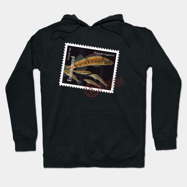 Black hoodie featuring endangered Roanoke logperch stamp design, casual style, soft cotton material.