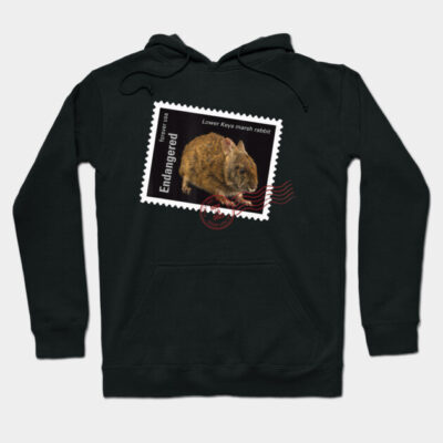 Black hoodie featuring an endangered Lower Keys marsh rabbit stamp design, casual style, cotton blend material.