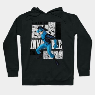 Black hoodie featuring blue superhero graphic, comic-style design; cozy cotton blend for casual wear.