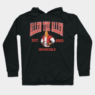 Black hoodie with bold red graphic text and character design, casual wear, cotton material, perfect for everyday use.
