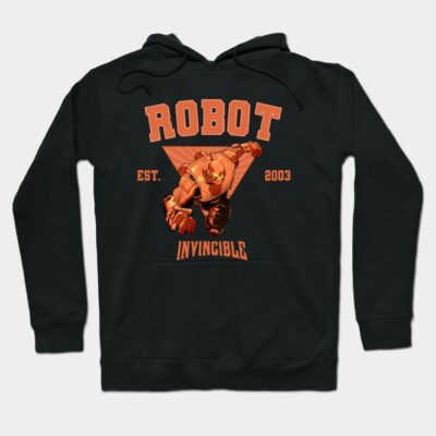 Black hoodie with bold orange "Robot Invincible" graphic, featuring a futuristic robot design. Warm and stylish casual wear.