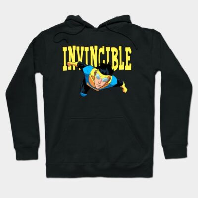 Black "Invincible" hoodie featuring superhero graphic, cotton material, casual wear, unisex style, perfect for fans.
