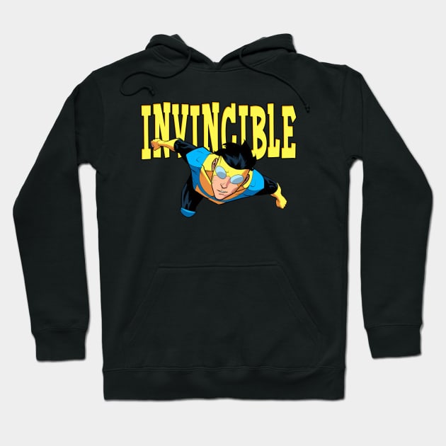 Black "Invincible" hoodie featuring superhero graphic, cotton material, casual wear, unisex style, perfect for fans.