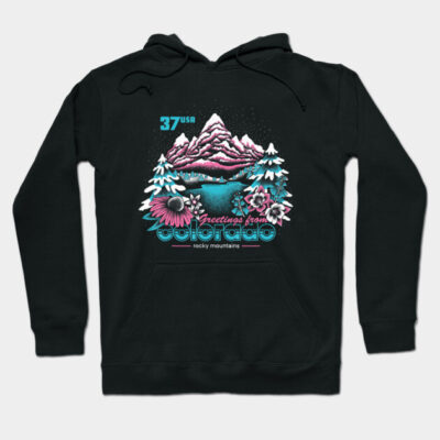 Black hoodie with "Greetings from Colorado" design, featuring pink mountains and trees, ideal for casual wear.