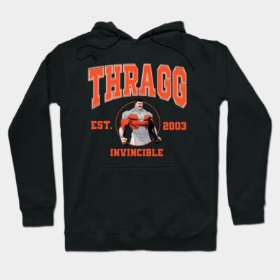 Black hoodie with bold orange "THRAGG" text and graphic, featuring a superhero design. Comfortable cotton blend.