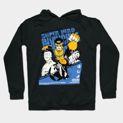 Black superhero-themed hoodie with vibrant blue and yellow comic design, perfect for casual wear and fans of graphic art.