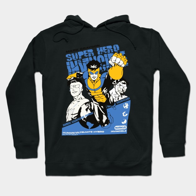 Black superhero-themed hoodie with vibrant blue and yellow comic design, perfect for casual wear and fans of graphic art.