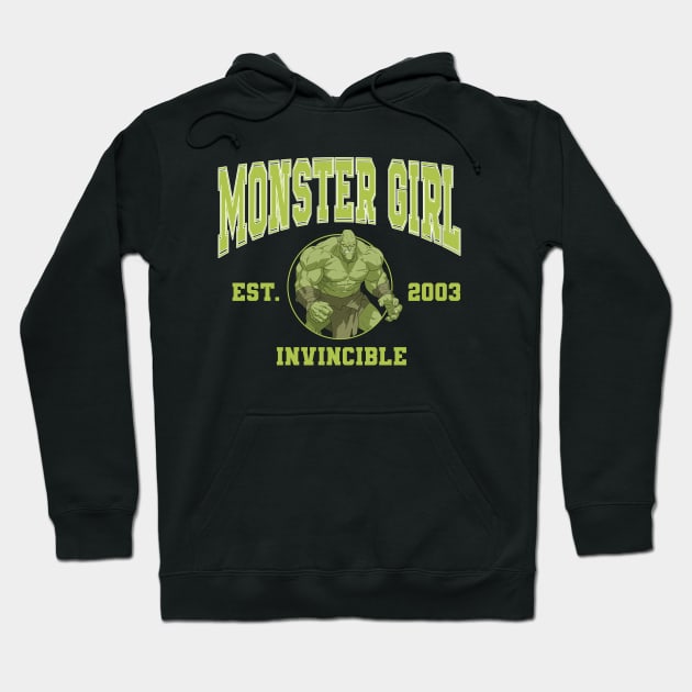 Black "Monster Girl Invincible" hoodie, green graphic and text, cotton blend, casual wear, unisex style.