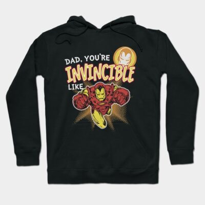 Black hoodie with bold superhero graphic and "Dad, You're Invincible" text, ideal for casual wear or father's gift.