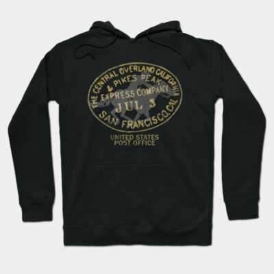 Black hoodie with vintage-style postal print, featuring front pocket and drawstring hood, casual wear.