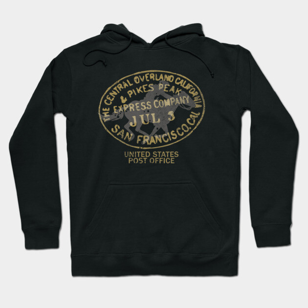 Black hoodie with vintage-style postal print, featuring front pocket and drawstring hood, casual wear.