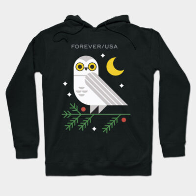 Black hoodie with owl graphic, moon, and "FOREVER/USA" text. Cozy cotton blend, perfect for casual wear.