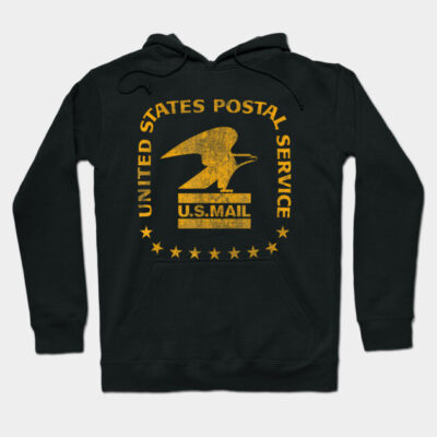 Black USPS hoodie with vintage yellow logo, long sleeves, and drawstring hood. Comfortable cotton blend for casual wear.