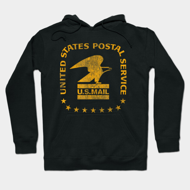 Black USPS hoodie with vintage yellow logo, long sleeves, and drawstring hood. Comfortable cotton blend for casual wear.