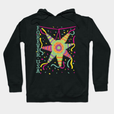 Black hoodie with colorful starburst design and "Forever USA" text, perfect for casual wear. Soft cotton material.