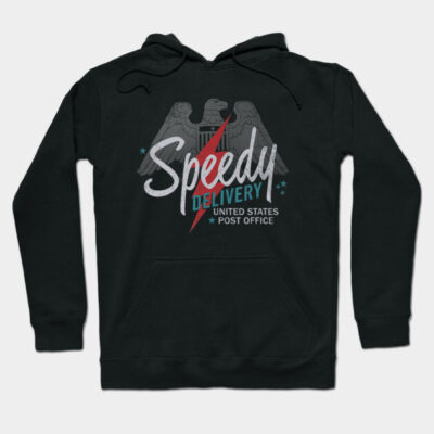 Black hoodie with "Speedy Delivery" graphic, eagle design, front pocket. Casual wear, soft cotton blend.
